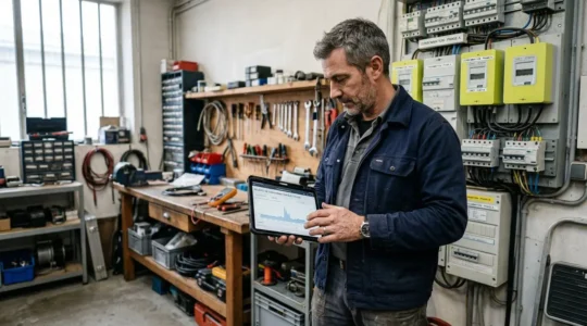 Artisan consultant son compteur Linky triphasé dans un atelier professionnel