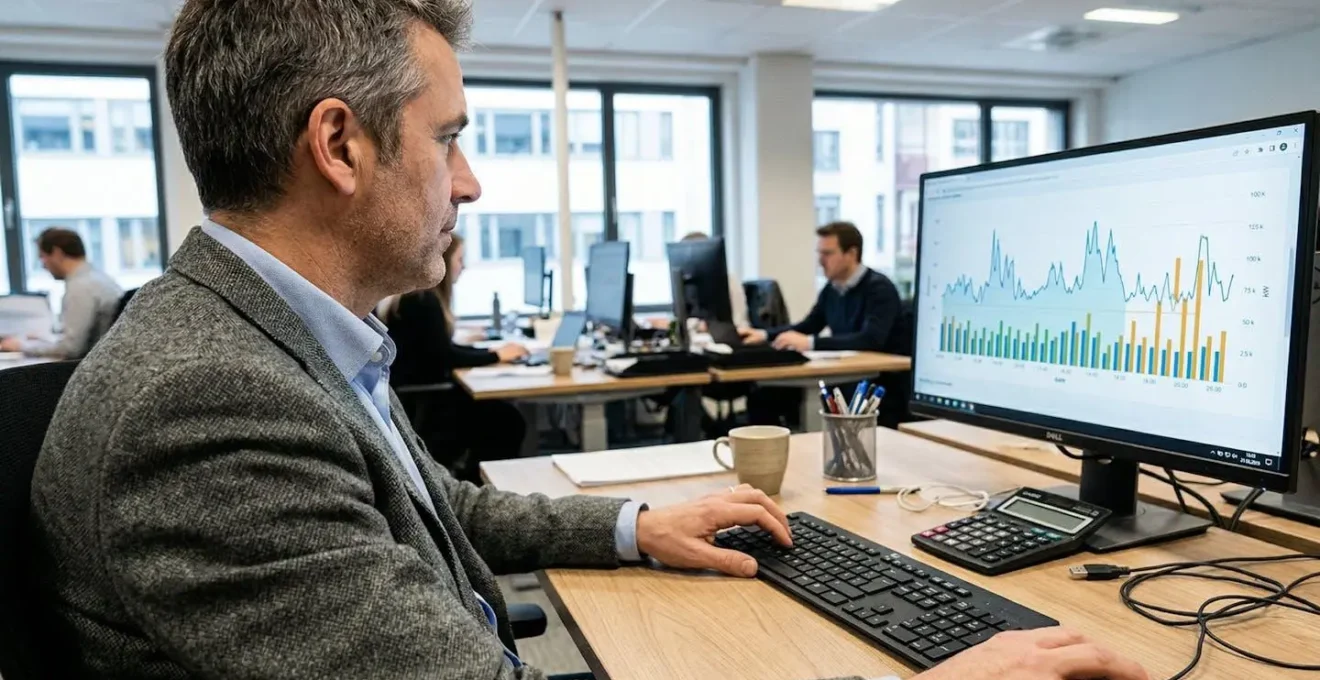 Professionnel analysant ses données de consommation électrique sur écran