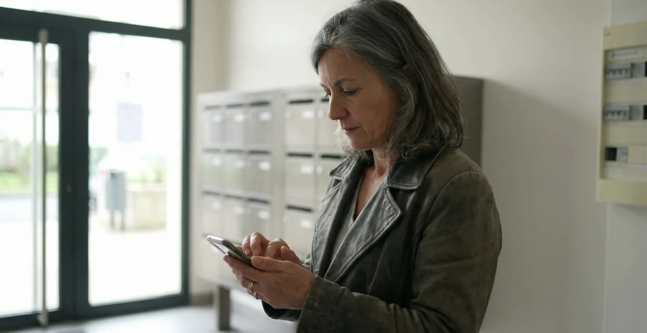Présidente conseil syndical consultant son smartphone dans hall d'immeuble résidentiel français