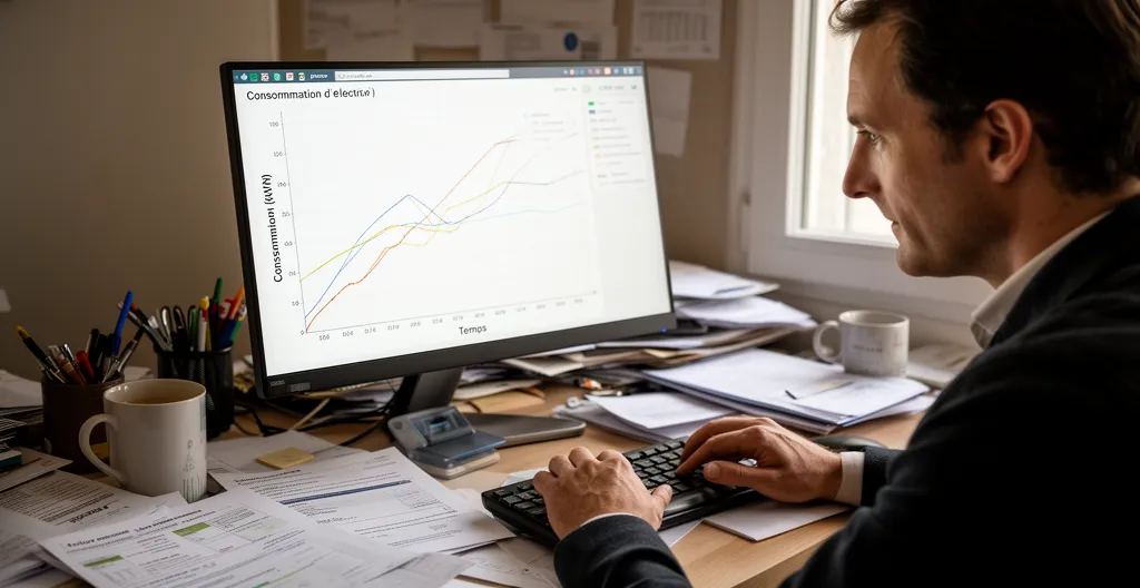 Gérant de commerce analysant un graphique de consommation électrique sur écran
