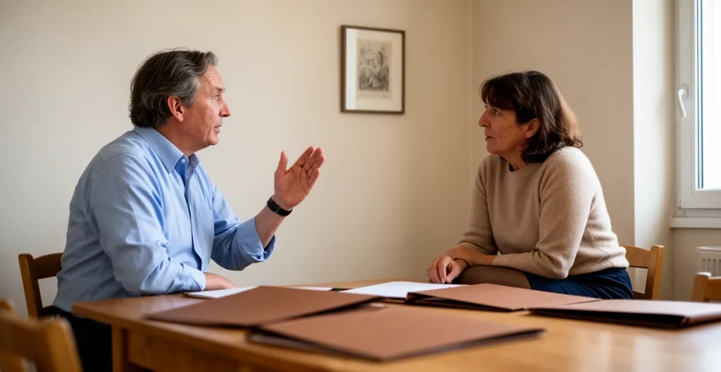 Discussion entre membres du conseil syndical en salle de réunion de copropriété